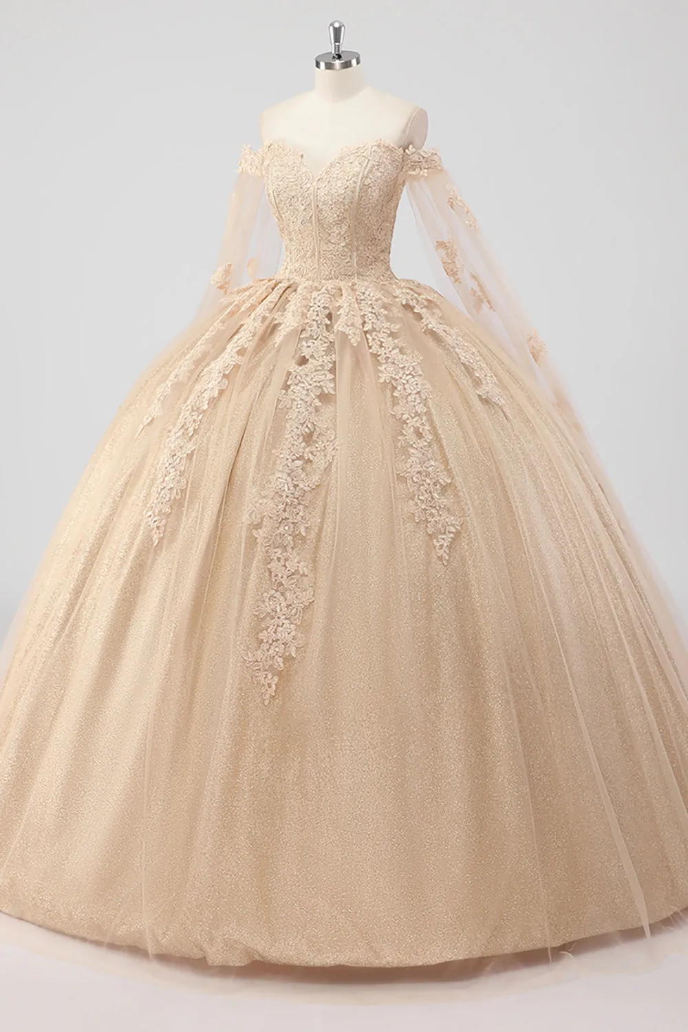 Princess Champagne Off the Shoulder Cape Sleeves Tulle Quinceanera Dress with Appliques sold by Wedtrend product image thumbnail 3