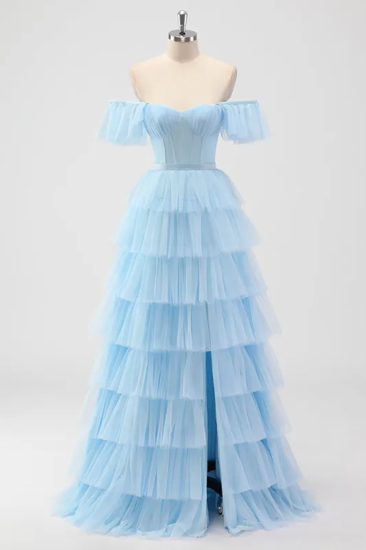 Sky Blue A Line Off The Shoulder Tiered Corset Long Prom Dress with Slit sold by Wedtrend