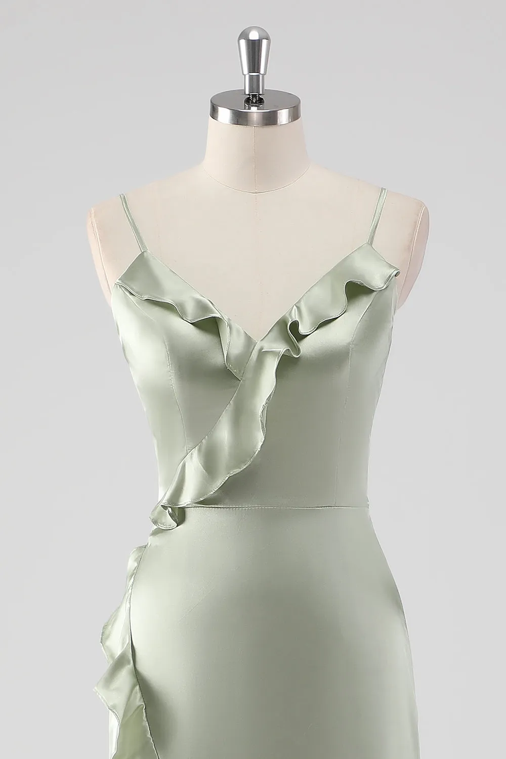 Sage Long Satin V Neck Ruffled Sheath Bridesmaid Dress sold by Wedtrend product image thumbnail 4