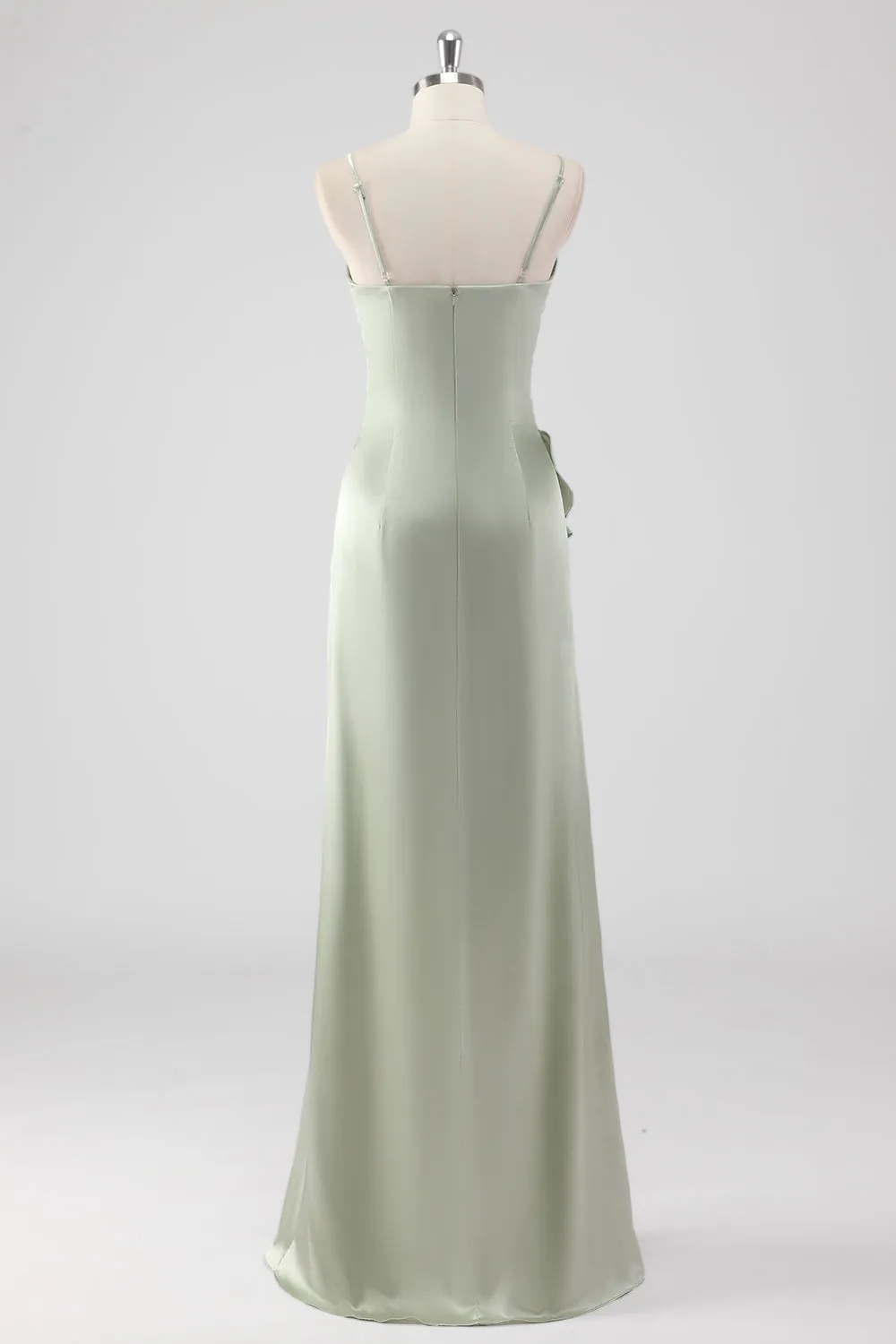 Sage Long Satin V Neck Ruffled Sheath Bridesmaid Dress sold by Wedtrend product image thumbnail 2