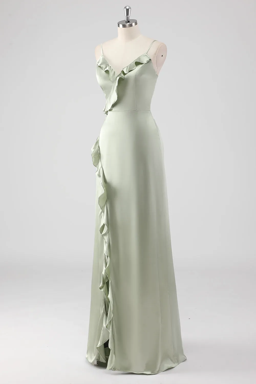 Sage Long Satin V Neck Ruffled Sheath Bridesmaid Dress sold by Wedtrend product image thumbnail 3