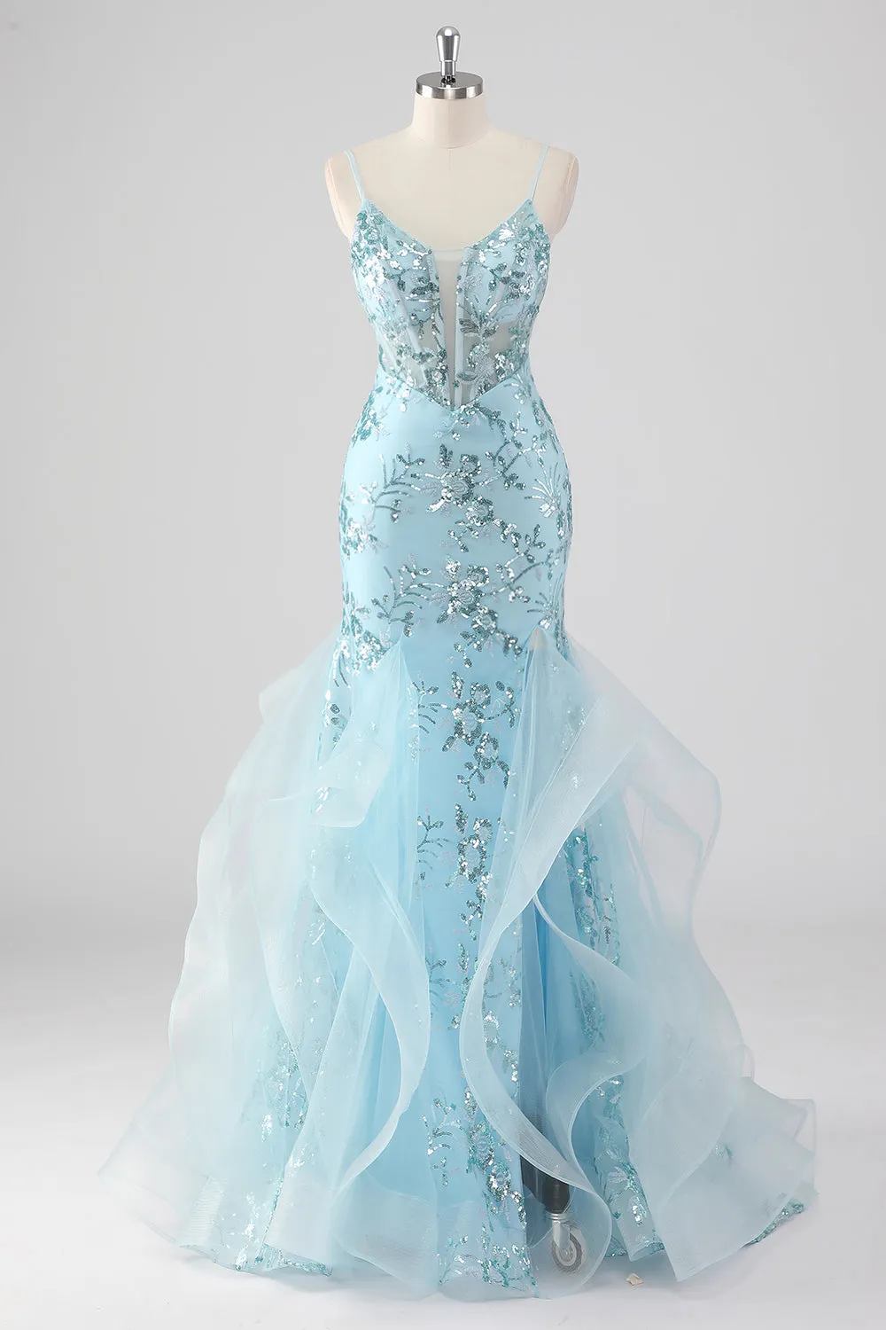 Sky Blue Mermaid Spaghetti Straps Sequin Corset Long Prom Dress with Ruffles sold by Wedtrend