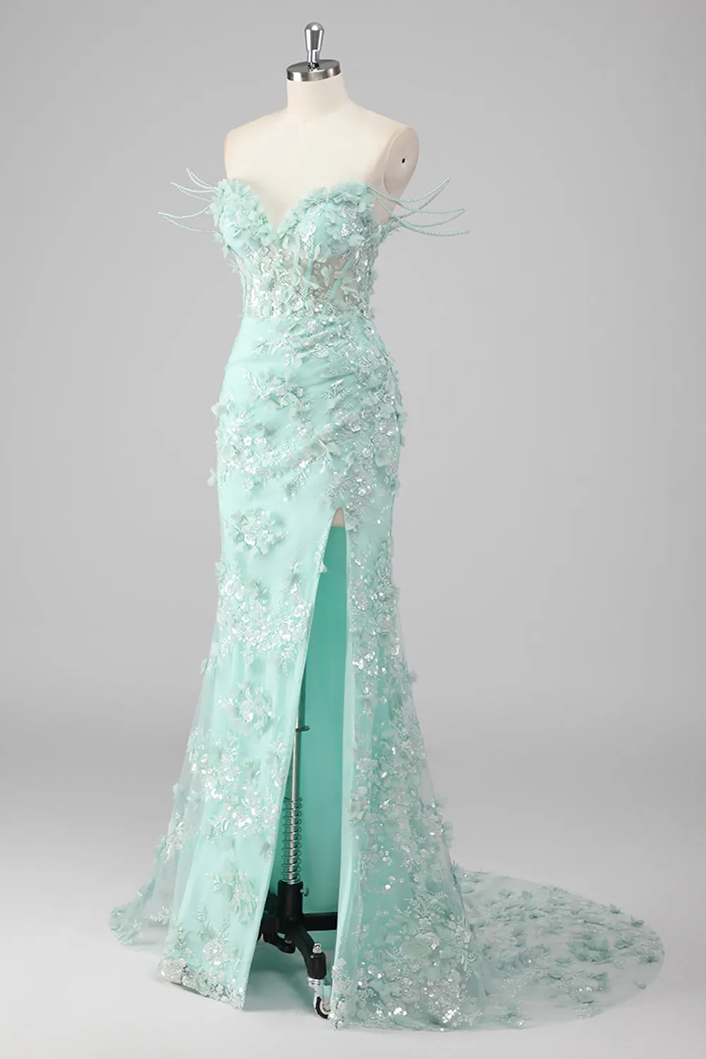 Green Sheath Sweetheart Corset Appliqued Long Prom Dress with Slit sold by Wedtrend product image thumbnail 3