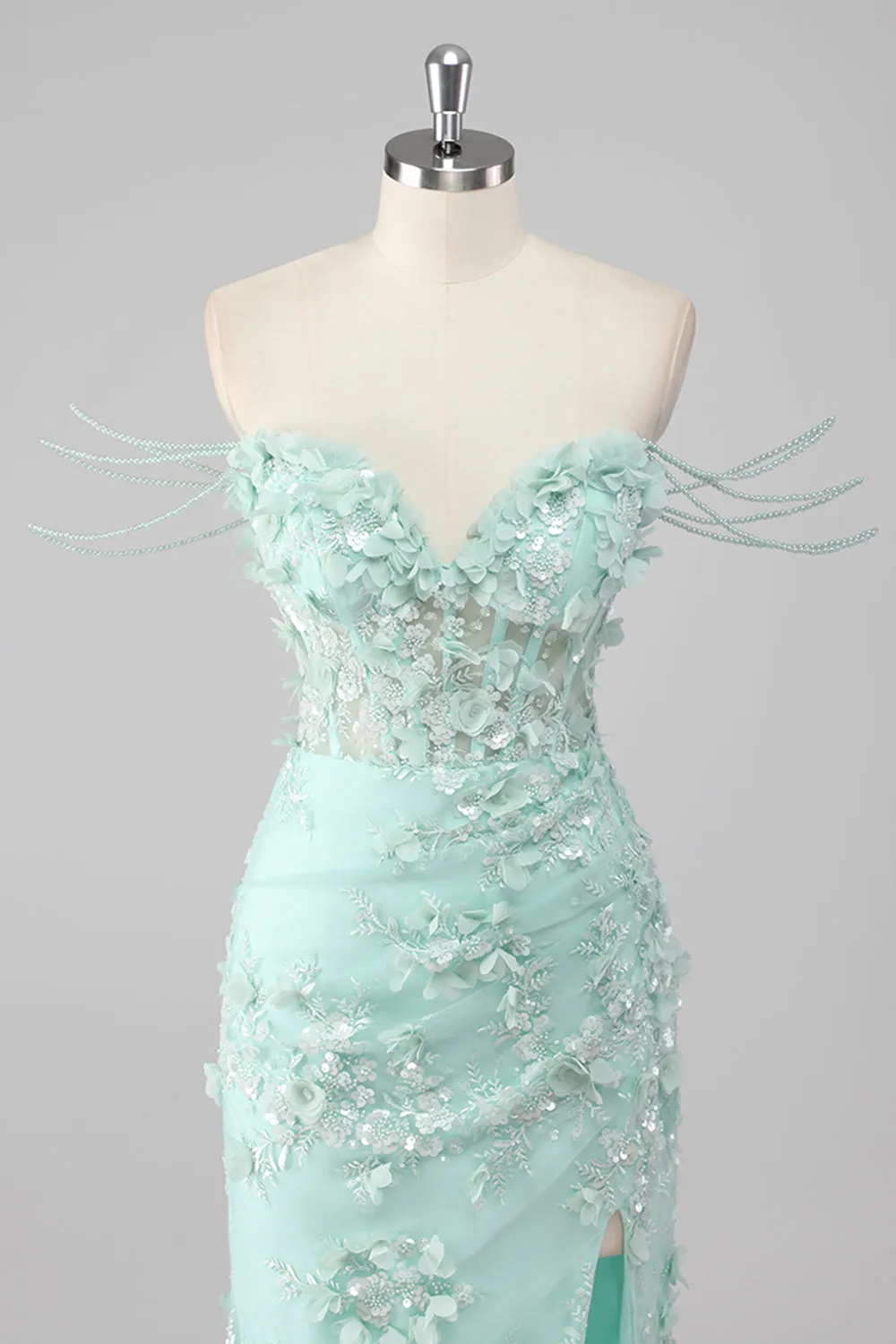 Green Sheath Sweetheart Corset Appliqued Long Prom Dress with Slit sold by Wedtrend product image thumbnail 4