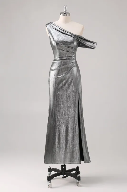 Silver Black Sheath One Shoulder Formal Dress with Slit sold by Wedtrend