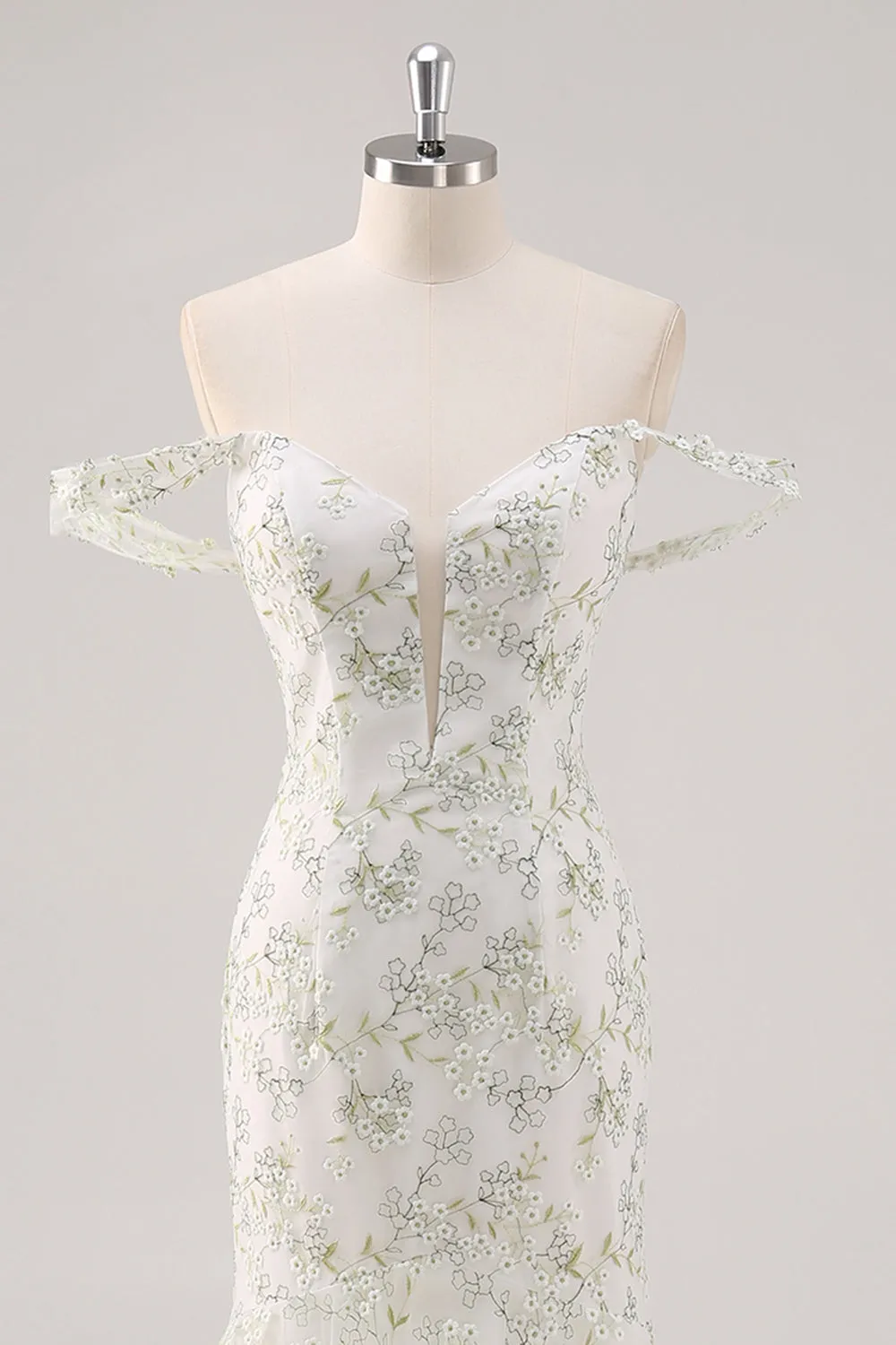 Mermaid White Green Flower Off The Shoulder Long Prom Dress sold by Wedtrend product image thumbnail 4