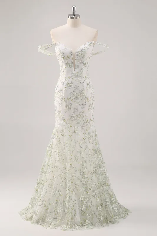 Mermaid White Green Flower Off The Shoulder Long Prom Dress made by Wedtrend