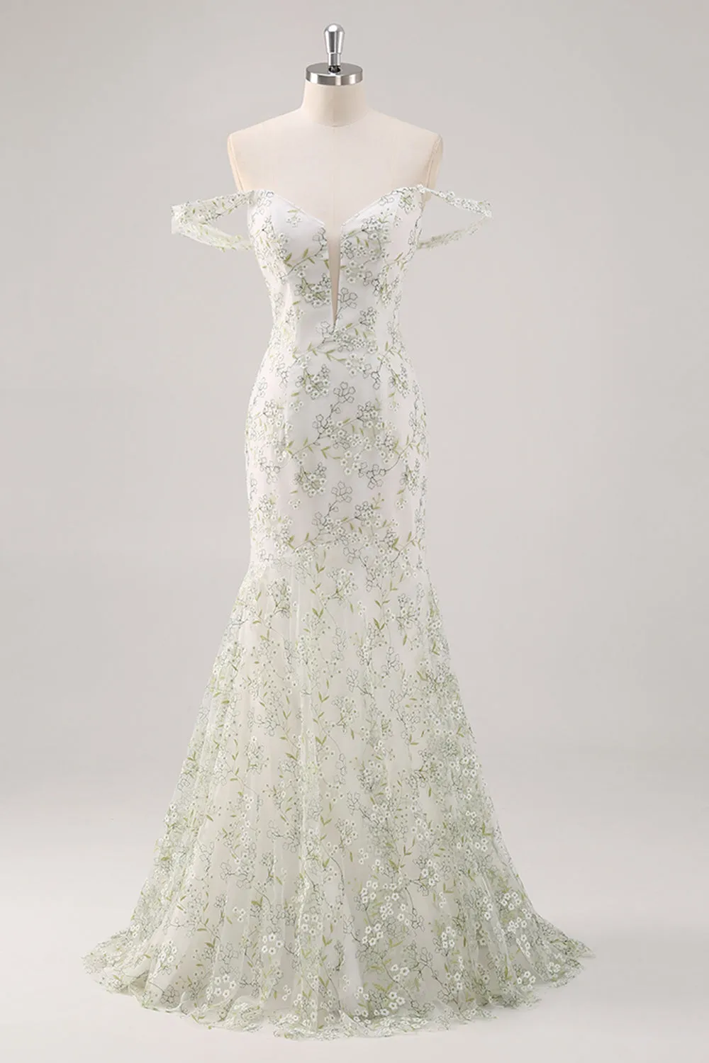Mermaid White Green Flower Off The Shoulder Long Prom Dress sold by Wedtrend