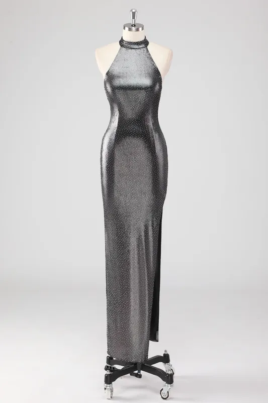 Sparkly Silver Grey Halter Shath Formal Dress with Slit sold by Wedtrend