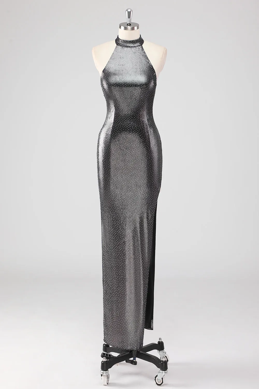 Sparkly Silver Grey Halter Shath Formal Dress with Slit sold by Wedtrend