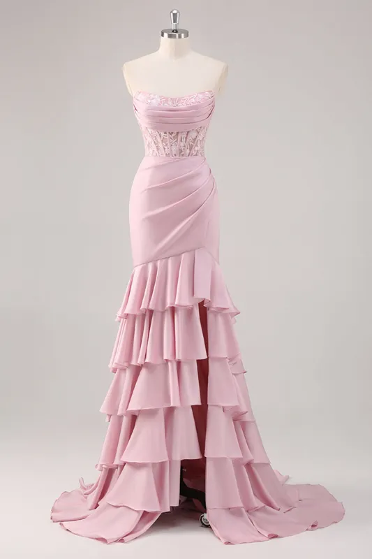 Blush Strapless Corset Tiered Long Mermaid Prom Dress with Slit made by Wedtrend