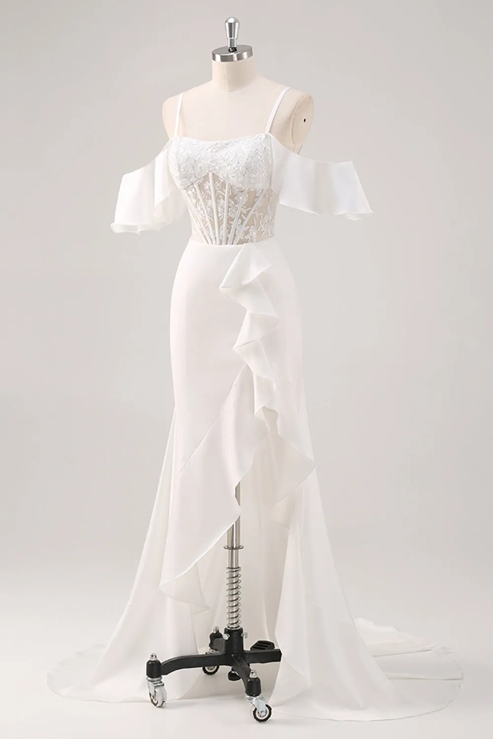 White Mermaid Cold Shoulder Corset Long Wedding Dress with Slit sold by Wedtrend product image thumbnail 3