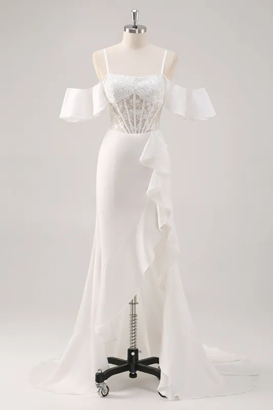 White Mermaid Cold Shoulder Corset Long Wedding Dress with Slit made by Wedtrend