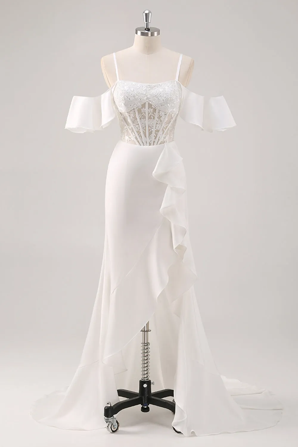 White Mermaid Cold Shoulder Corset Long Wedding Dress with Slit sold by Wedtrend