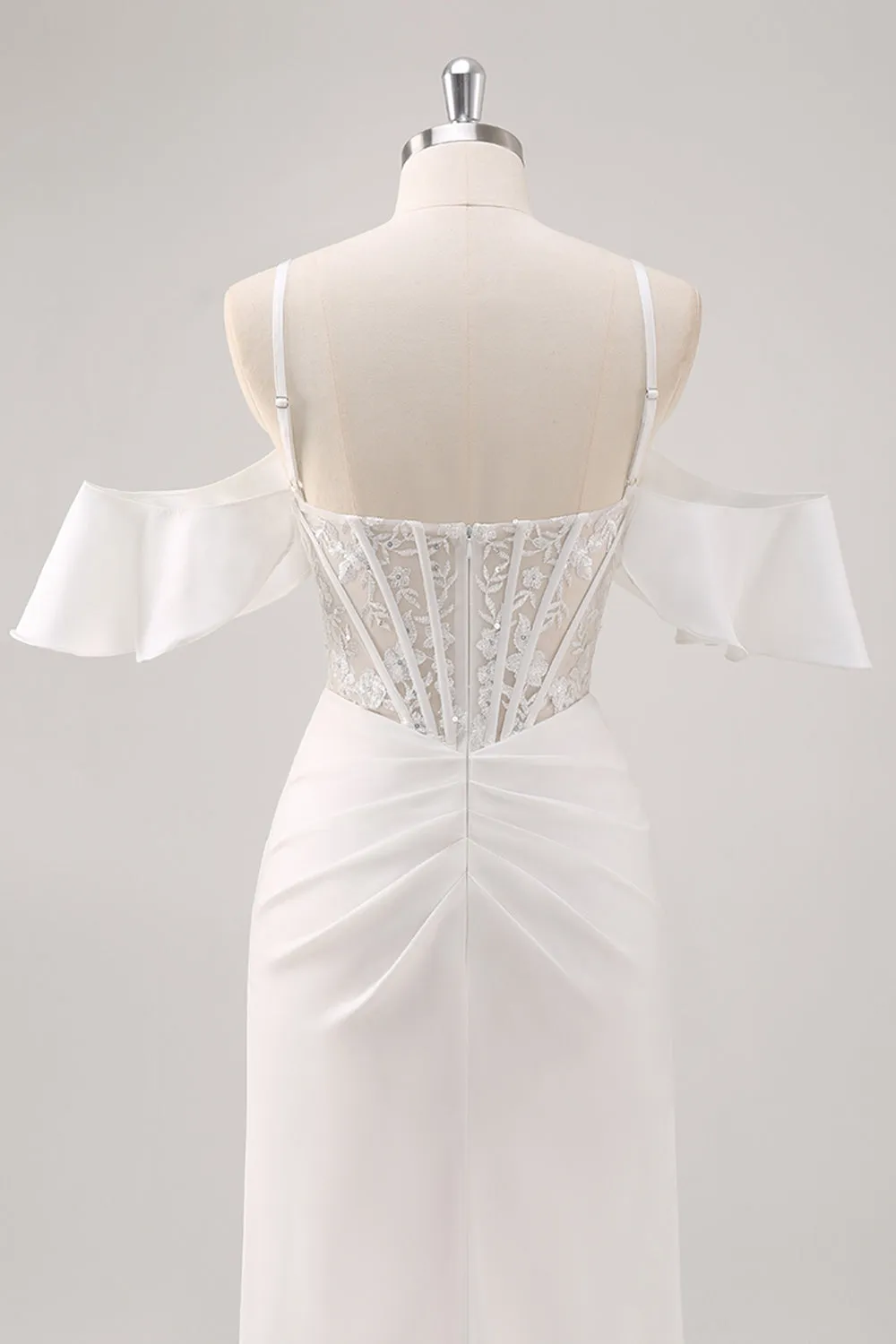 White Mermaid Cold Shoulder Corset Long Wedding Dress with Slit sold by Wedtrend product image thumbnail 5