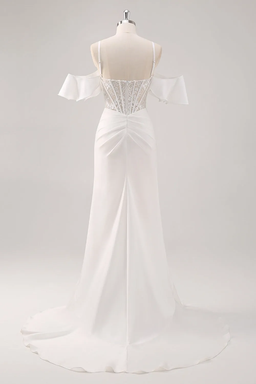 White Mermaid Cold Shoulder Corset Long Wedding Dress with Slit sold by Wedtrend product image thumbnail 2