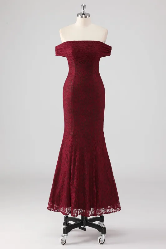 Burgundy Lace Mermaid Off The Shoulder Formal Dress sold by Wedtrend