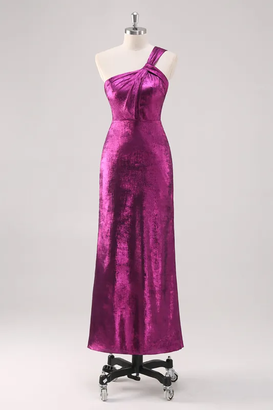 Fuchsia Sheath One Shoulder Midi Dress sold by Wedtrend