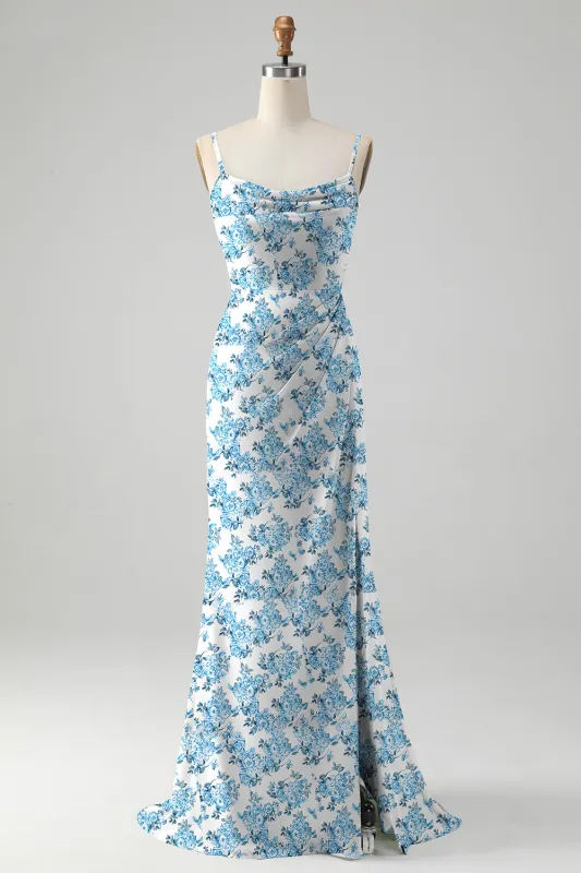 White Blue Flower A-Line Cowl Neck Printed Long Bridesmaid Dress With Slit sold by Wedtrend
