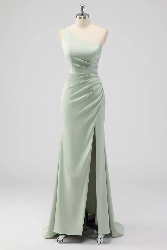Sage Green Sheath One Shoulder Satin Long Bridesmaid Dress with Slit made by Wedtrend
