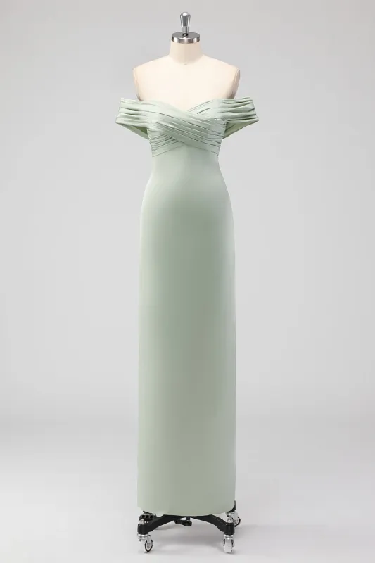 Sage Green Sheath Off the Shoulder Ruched Satin Long Bridesmaid Dress sold by Wedtrend