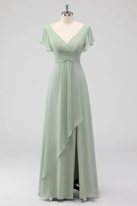 Sage Green A-Line V-Neck Chiffon Long Bridesmaid Dress with Slit made by Wedtrend