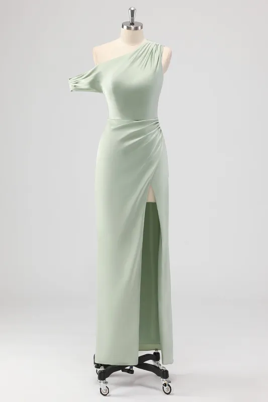 Sage Green Sheath One Shoulder Satin Ruched Long Bridesmaid Dress with Slit sold by Wedtrend