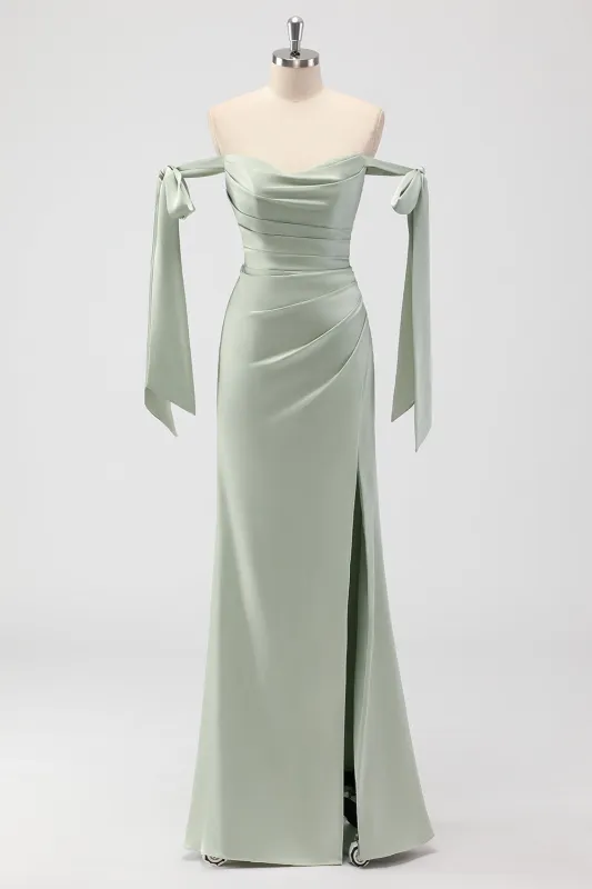 Sage Green Mermaid Off The Shoulder Ruched Long Bridesmaid Dress with Slit sold by Wedtrend
