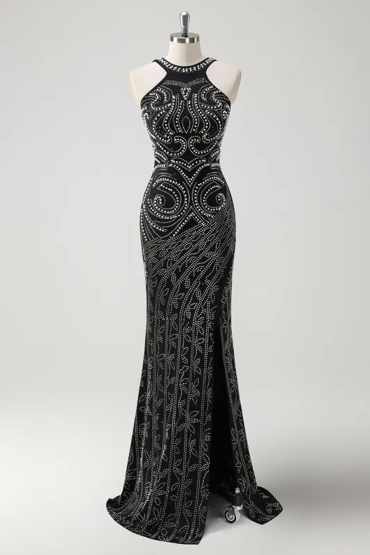 Glitter Black Mermaid Beaded Open Back Long Prom Dress with Slit made by Wedtrend