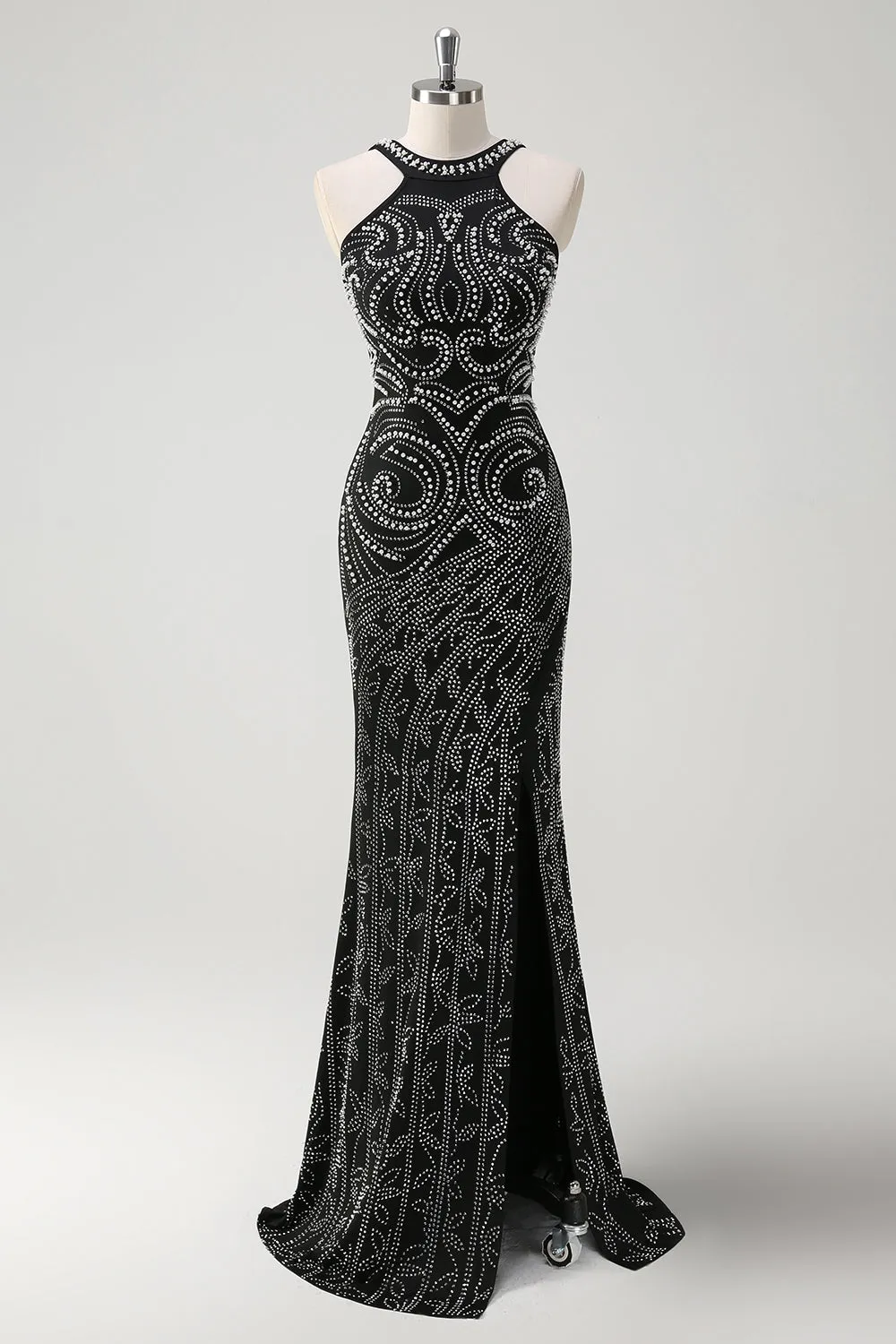 Glitter Black Mermaid Beaded Open Back Long Prom Dress with Slit sold by Wedtrend