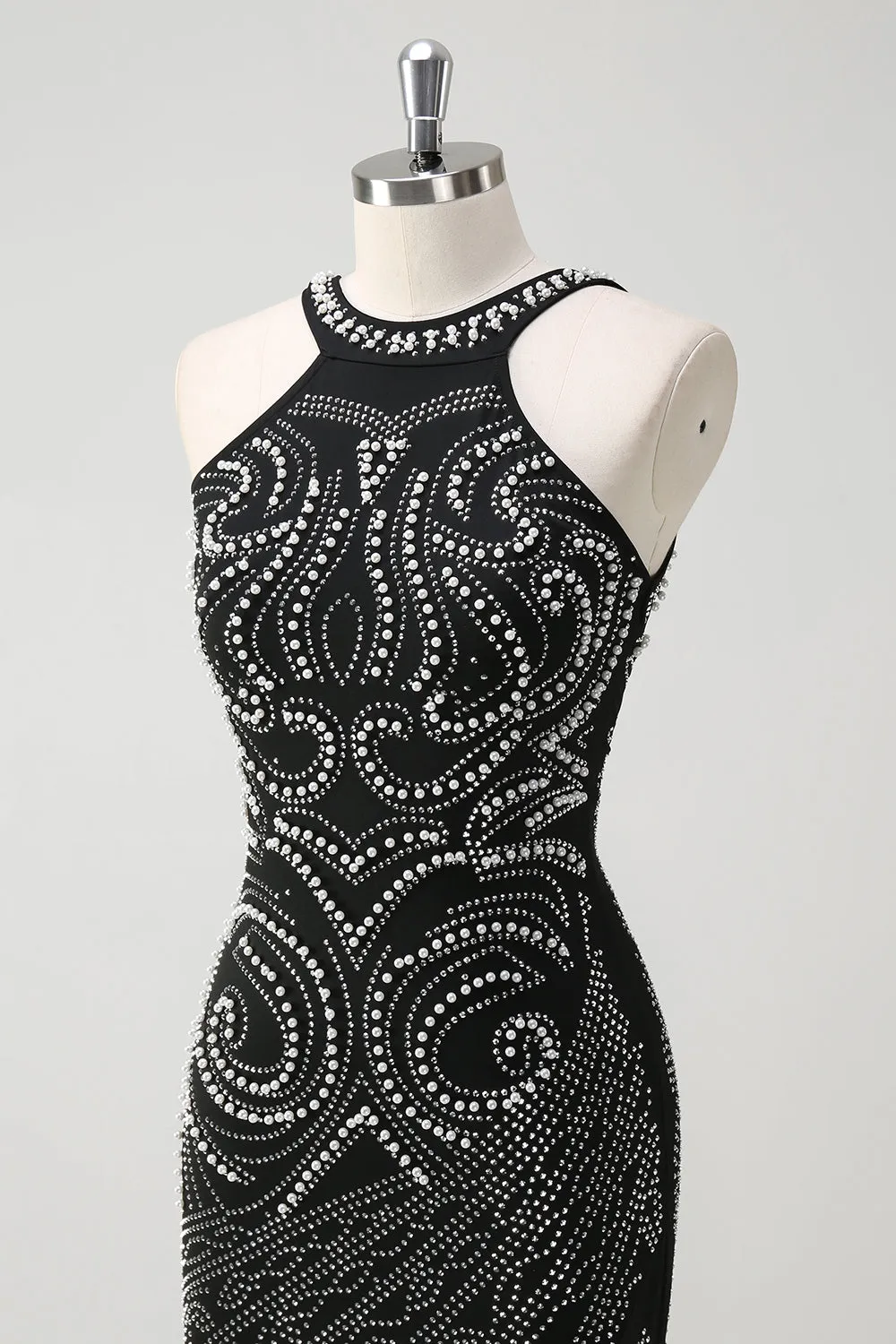 Glitter Black Mermaid Beaded Open Back Long Prom Dress with Slit sold by Wedtrend product image thumbnail 5