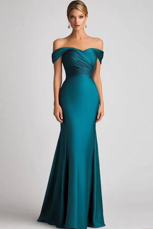Peacock Blue Mermaid Off The Shoulder Satin Ruched Long Formal Dress sold by Wedtrend