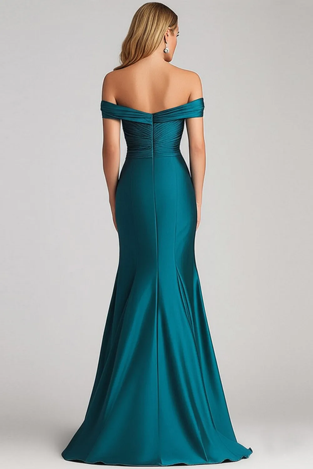 Peacock Blue Mermaid Off The Shoulder Satin Ruched Long Formal Dress sold by Wedtrend product image thumbnail 2