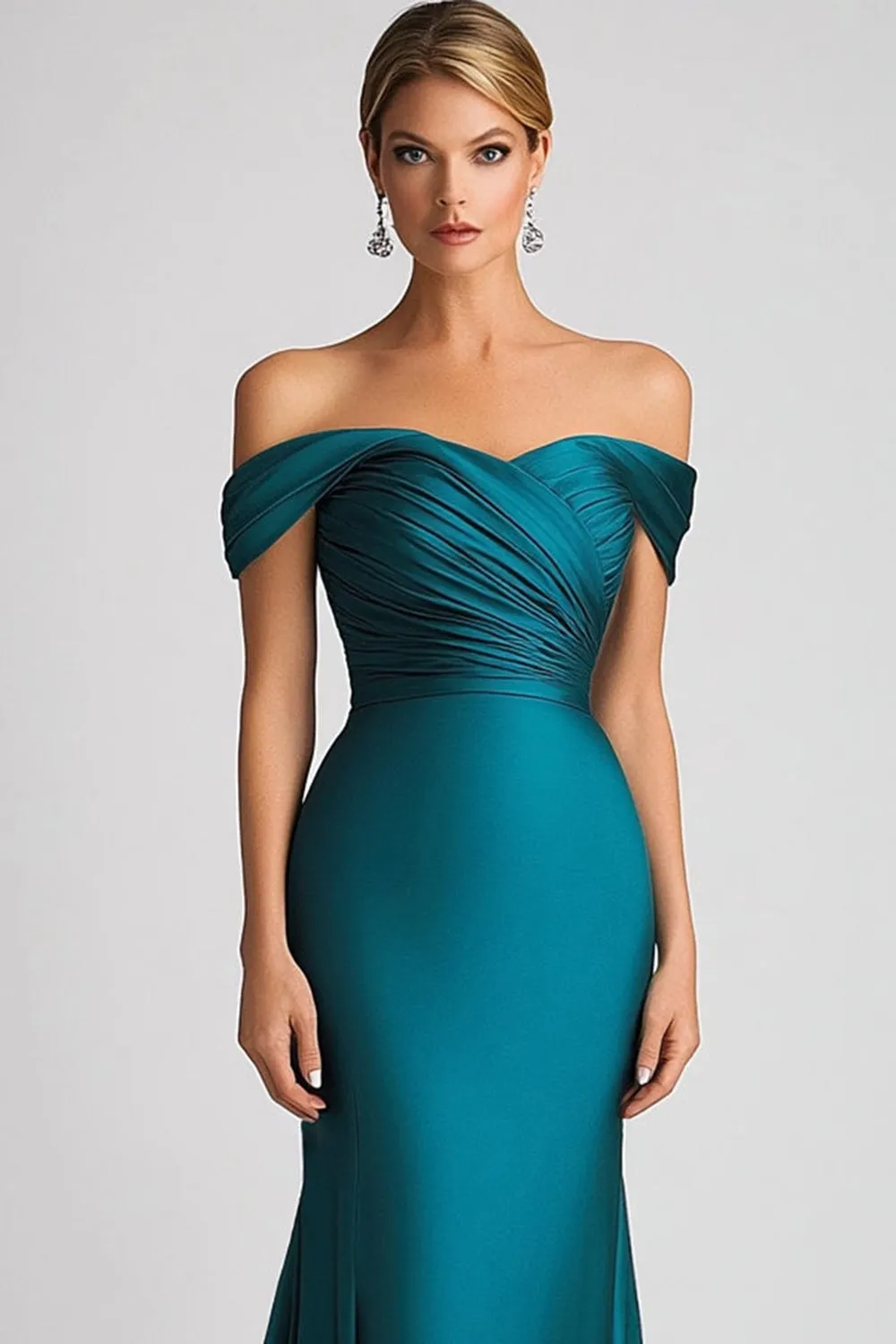 Peacock Blue Mermaid Off The Shoulder Satin Ruched Long Formal Dress sold by Wedtrend product image thumbnail 3