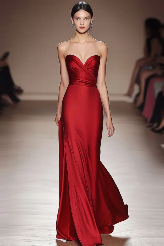 Red Sheath Strapless Pleated Satin Formal Dress With Slit sold by Wedtrend