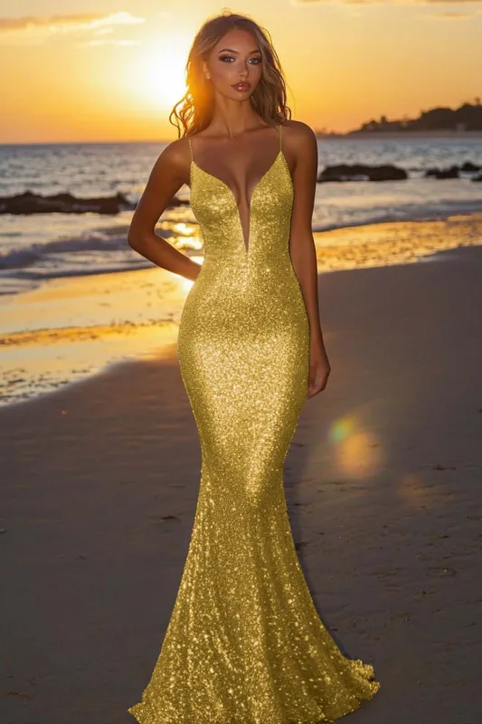 Sparkly Gold Mermaid Backless Long Formal Dress made by Wedtrend