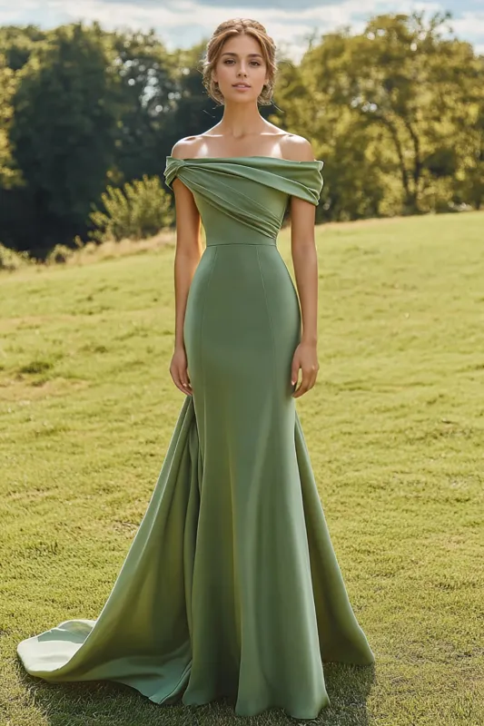 Sage Slim Off The Shoulder Draped Neck Fishtail Long Formal Dress with Wide Hem sold by Wedtrend