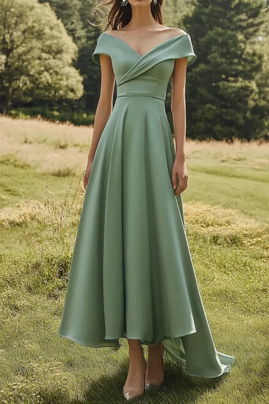 Off The Shoulder Sage Slim Formal Dress with Wide Hem made by Wedtrend