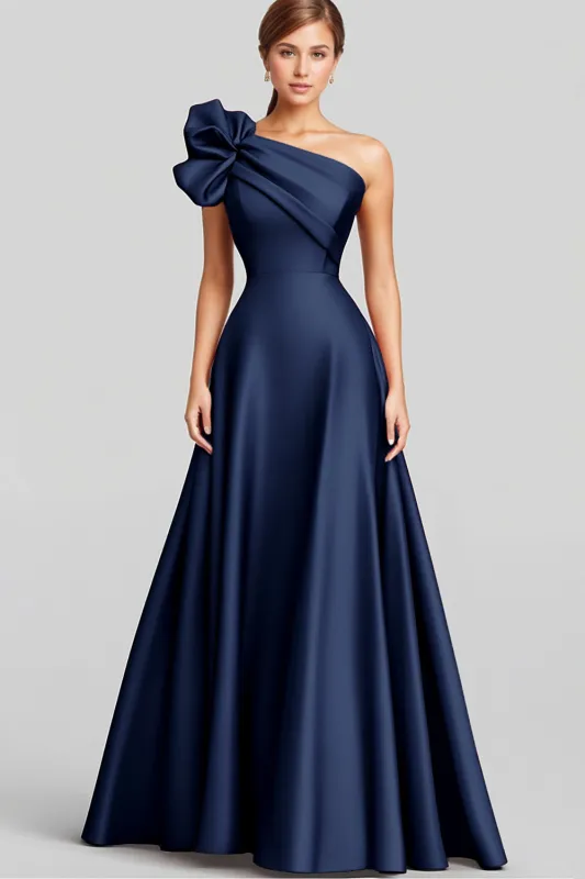 Navy A Line Ruffled One Shoulder Satin Long Formal Dress made by Wedtrend