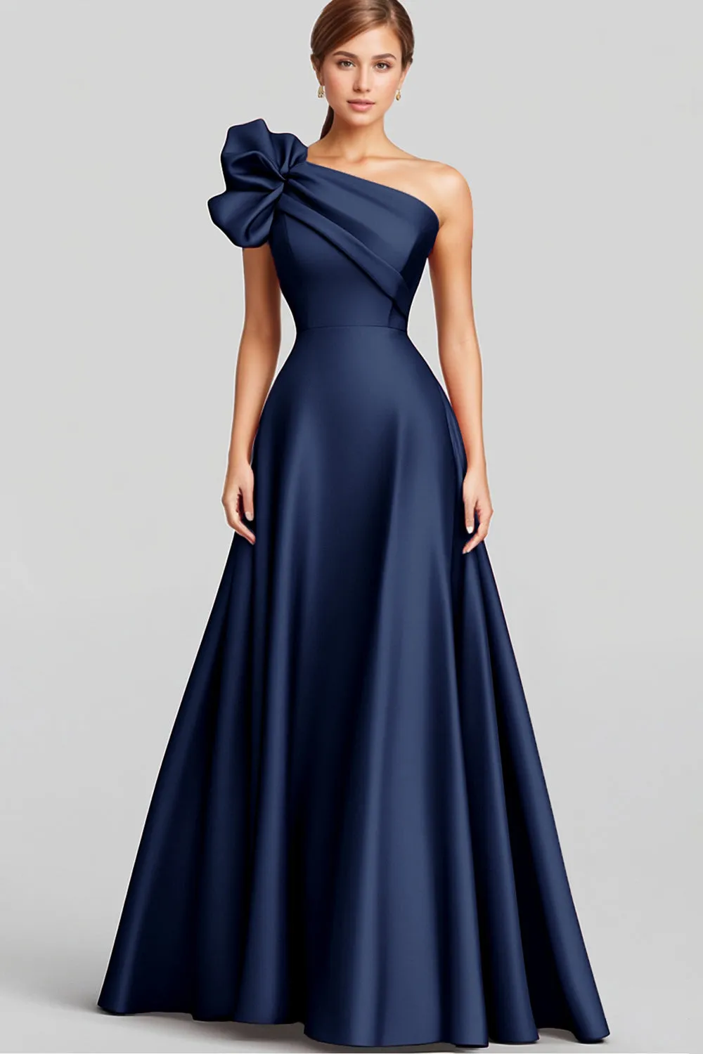 Navy A Line Ruffled One Shoulder Satin Long Formal Dress sold by Wedtrend