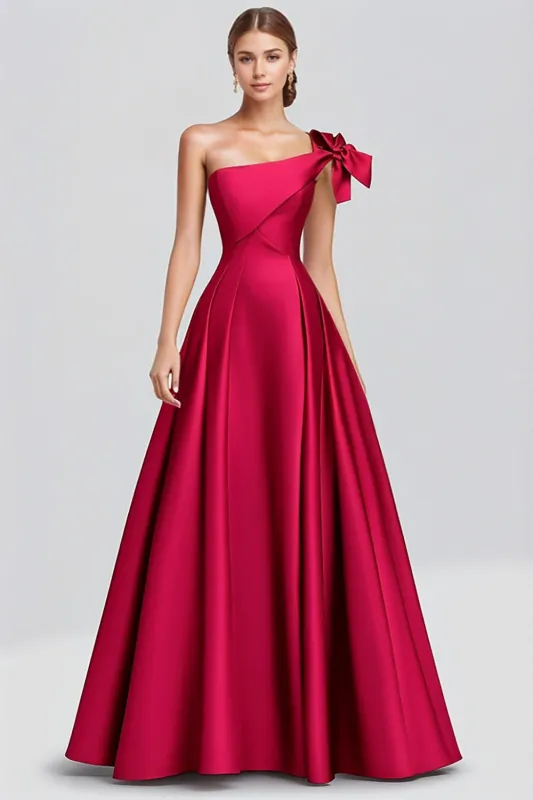 Fuchsia A Line One Shoulder Bow Satin Long Formal Dress made by Wedtrend