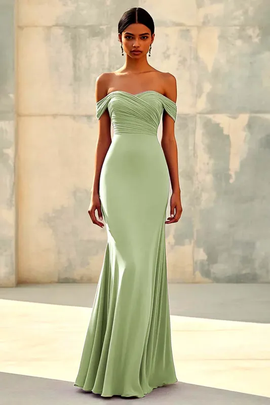 Dusty Sage Mermaid Off Shoulder Chiffon Long Formal Dress sold by Wedtrend