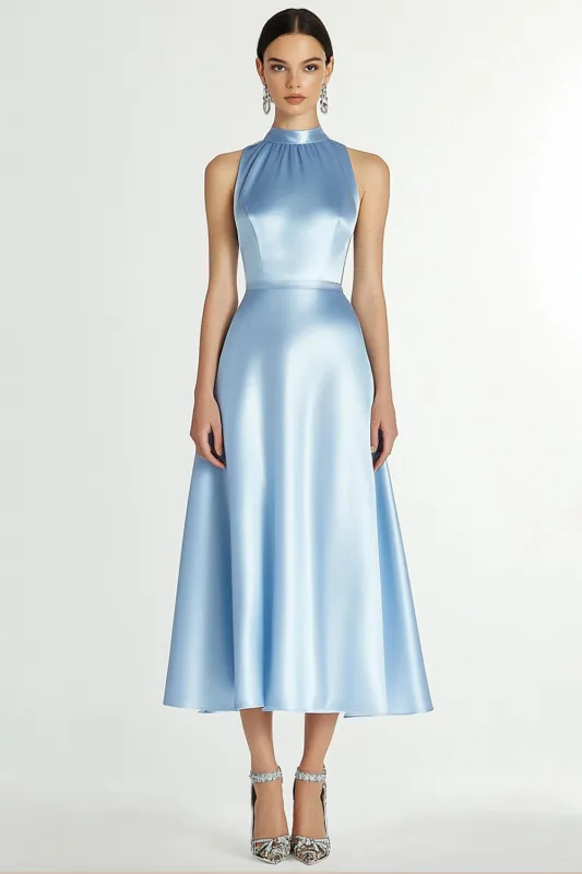 Blue A Line Halter Neck Satin Long Formal Dress made by Wedtrend