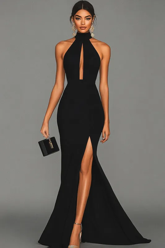 Black Halter Neck Mermaid Satin Formal Dress sold by Wedtrend