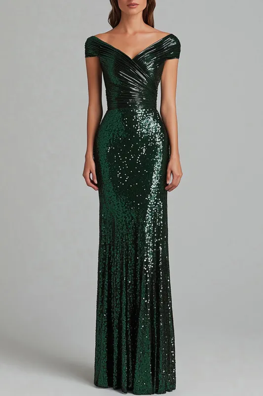 Dark Green V-Neck Mermaid Sequind Ruffled Formal Dress made by Wedtrend