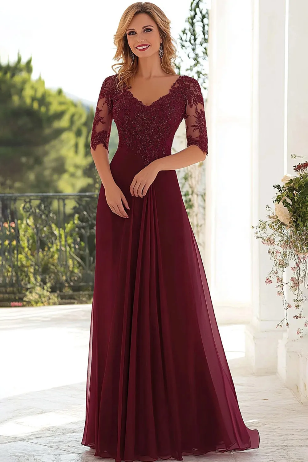 Elegant Burgundy A Line V-Neck Chiffon Long Mother Of the Bride Dress with Lace Appliques sold by Wedtrend