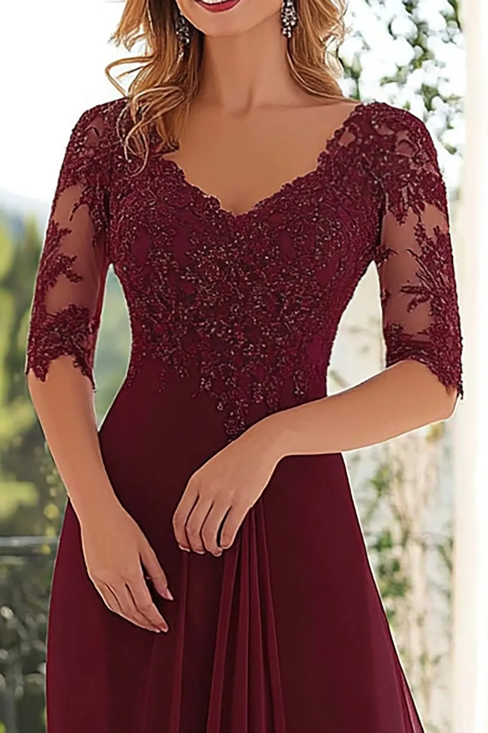 Elegant Burgundy A Line V-Neck Chiffon Long Mother Of the Bride Dress with Lace Appliques sold by Wedtrend product image thumbnail 2