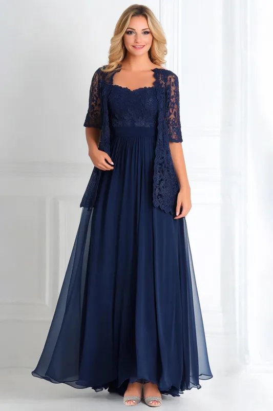 Navy A Line Boat Neck Chiffon Lace Appliques Long Mother Of the Bride Dress with 3/4 Sleeves made by Wedtrend