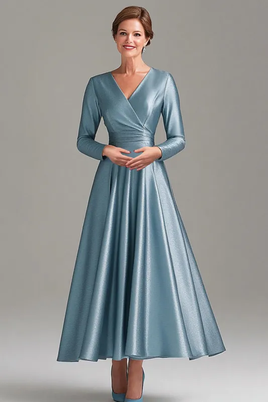 A Line Grey Blue V-Neck Mother Of the Bride Dress with Long Sleeves sold by Wedtrend