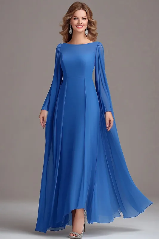 Blue A Line Boat Neck Tulle Long Sleeves Mother Of the Bride Dress sold by Wedtrend